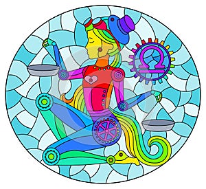 Stained glass illustration with an illustration of the steam punk sign of the horoscope Libra, oval image