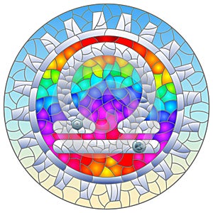 Stained glass illustration with an illustration of the steam punk sign of the horoscope Libra, round image