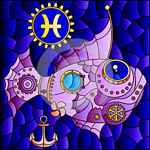 Stained glass illustration with an illustration of the steam punk sign of the horoscope pisces, tone blue