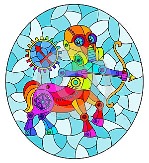 Stained glass illustration with an illustration of the steam punk sign of the horoscope Sagittarius, oval image