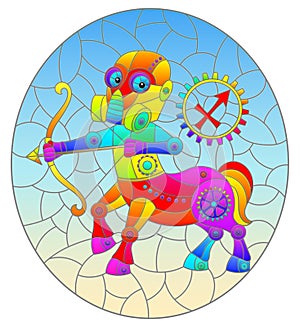 Stained glass illustration with an illustration of the steam punk sign of the horoscope Sagittarius, oval image
