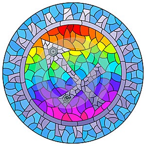 Stained glass illustration with an illustration of the steam punk sign of the horoscope Sagittarius, round image