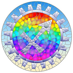 Stained glass illustration with an illustration of the steam punk sign of the horoscope Sagittarius, round image