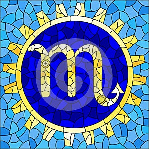Stained glass illustration with an illustration of the steam punk sign of the horoscope scorpio