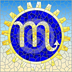 Stained glass illustration with an illustration of the steam punk sign of the horoscope scorpio