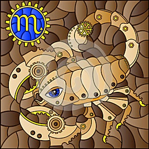 Stained glass illustration with an illustration of the steam punk sign of the horoscope scorpio