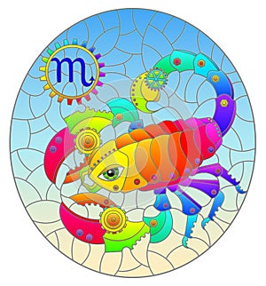 Stained glass illustration with an illustration of the steam punk sign of the horoscope scorpio, oval image