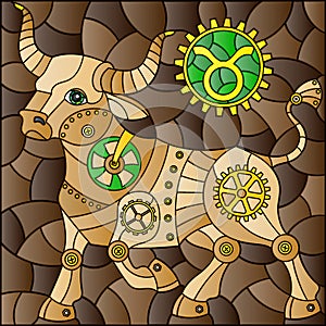 Stained glass illustration with an illustration of the steam punk sign of the horoscope Taurus