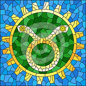 Stained glass illustration with an illustration of the steam punk sign of the horoscope Taurus