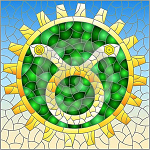 Stained glass illustration with an illustration of the steam punk sign of the horoscope Taurus