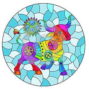 Stained glass illustration with an illustration of the steam punk sign of the horoscope Taurus, oval image