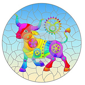 Stained glass illustration with an illustration of the steam punk sign of the horoscope Taurus, oval image