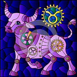 Stained glass illustration with an illustration of the steam punk sign of the horoscope Taurus, tone brown