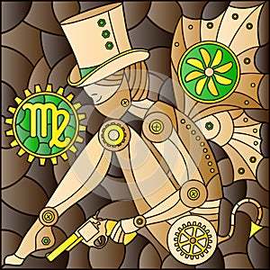 Stained glass illustration with an illustration of the steam punk sign of the horoscope Virgo