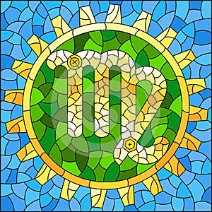 Stained glass illustration with an illustration of the steam punk sign of the horoscope Virgo