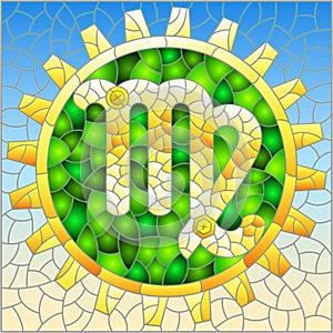 Stained glass illustration with an illustration of the steam punk sign of the horoscope Virgo