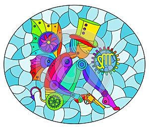 Stained glass illustration with an illustration of the steam punk sign of the horoscope Virgo, oval image