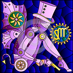 Stained glass illustration with an illustration of the steam punk sign of the horoscope Virgo, tone blue