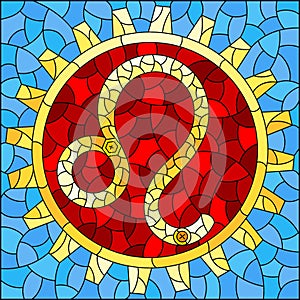 Stained glass illustration with an illustration of the steam punk sign of the Leo horoscope