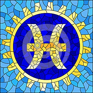 Stained glass illustration with an illustration of the steam punk sign of the pisces horoscope