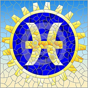 Stained glass illustration with an illustration of the steam punk sign of the pisces horoscope