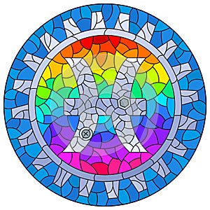 Stained glass illustration with an illustration of the steam punk sign of the pisces horoscope, round image