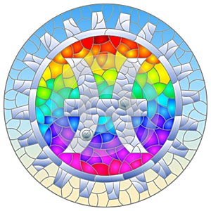 Stained glass illustration with an illustration of the steam punk sign of the pisces horoscope, round image