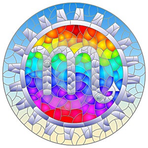 Stained glass illustration with an illustration of the steam punk sign of the scorpio horoscope, round image