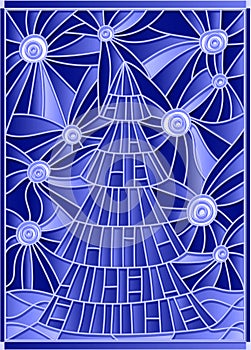 Stained glass illustration image of a Christmas tree against the starry sky