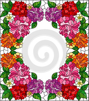 Stained glass illustration with  intertwined branches of bright roses isolated on a white background