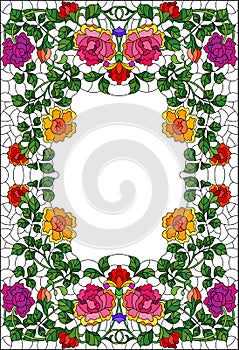 Stained glass illustration with  intertwined branches of bright roses isolated on a white background