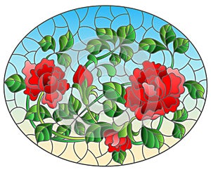 Stained glass illustration with  intertwined red roses on a blue background, horizontal orientation, oval image