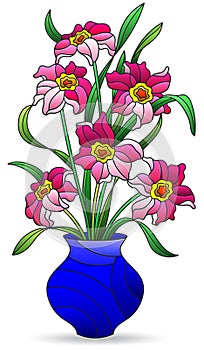 Stained glass illustration with an isolated element, a bouquet of daffodil flowers on a white background