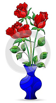 Stained glass illustration with an isolated element, a bouquet of roses in a bright vase on a white background