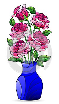 Stained glass illustration with an isolated element, a bouquet of roses in a bright vase on a white background