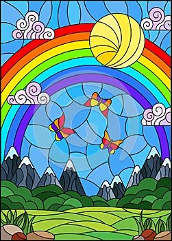 Stained glass illustration with  landscape, meadows against a Sunny sky and a rainbow