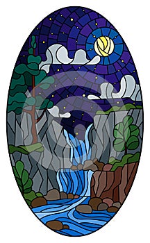 Stained glass illustration with  landscape ,the tree on the background of a waterfall, mountains, starry night skyand mon, oval im