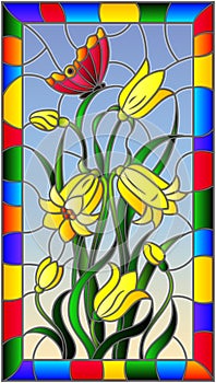 Stained glass illustration with leaves and bells flowers, yellow flowers and butterfly on sky background in a bright frame