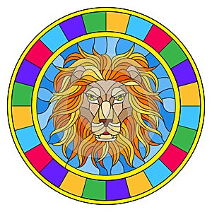 Stained glass illustration with a lion`s head , a circular image with bright frame photo