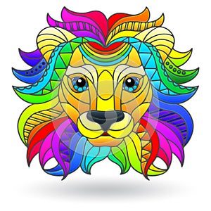 Stained glass illustration with a lion`s head, a rainbow portrait of an animal isolated on a white background