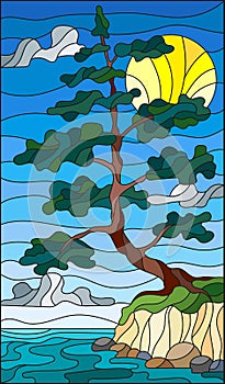 Stained glass illustration with a lone pine tree standing on the Bank on the background of sky, sun and water