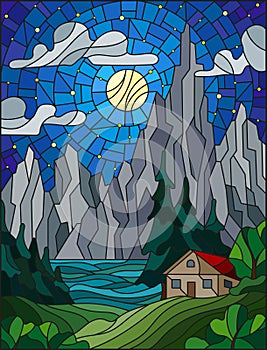 Stained glass illustration with a lonely house on a background of pine forests, lake, mountains and starry sky with a moon and cl