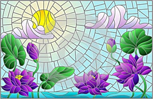 Stained glass illustration with Lotus flowers against a Sunny blue sky with clouds, horizontal orientation