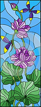 Stained glass illustration with Lotus leaves and flowers, purple flowers and dragonflies on sky background