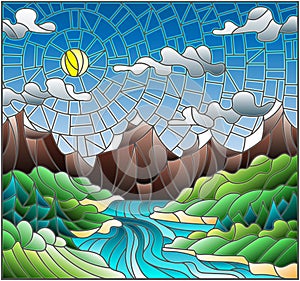 Stained glass illustration with the meandering river on a background of mountains, forests and Sunny sky