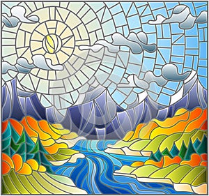 Stained glass illustration with  the meandering river on a background of mountains, forests and Sunny sky,autumn landscape