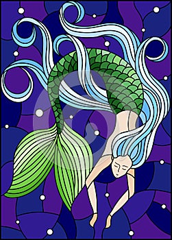 Stained glass illustration with mermaid with long hair on water and air bubbles background