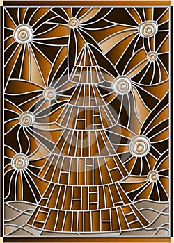 Stained glass illustration for the new year, Christmas tree on a background of starry sky,tone brown,sepia