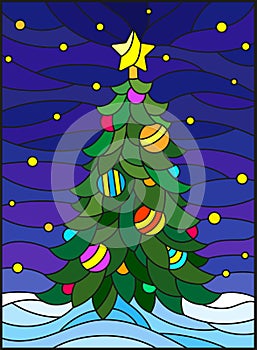 Stained glass illustration for the new year, decorated Christmas tree with decorations on a background of snow and starry sky