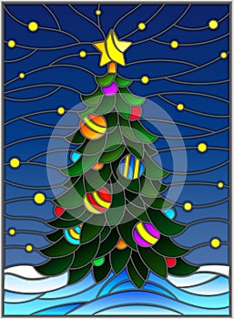 Stained glass illustration for the new year, decorated Christmas tree with decorations on a background of snow and starry sky